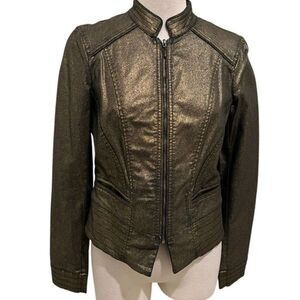 White House Black Market Womens Metallic Coated Foil Moto Jacket Black Gold Sz 4